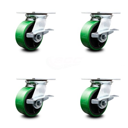 5 Inch Heavy Duty Green Poly On Cast Iron Caster Set With Ball Bearing And Brake